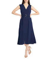 Maggy London V-Neck Sleeveless Belted Drape Twill A-Line Midi Dress