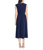 Maggy London V-Neck Sleeveless Belted Drape Twill A-Line Midi Dress