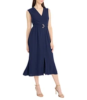 Maggy London V-Neck Sleeveless Belted Drape Twill A-Line Midi Dress