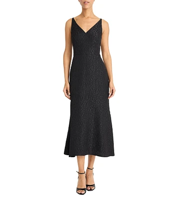 Maggy London V-neck Sleeveless Empire Waist Sheath Jacquard Midi Dress