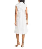 Maggy London V-Neck Sleeveless Plntucked Cotton Poplin Fit & Flare Midi Dress