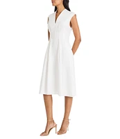 Maggy London V-Neck Sleeveless Plntucked Cotton Poplin Fit & Flare Midi Dress