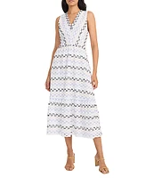 Maggy London V-Neck Sleeveless Tiered Ladder Stripe Eyelet A-Line Midi Dress