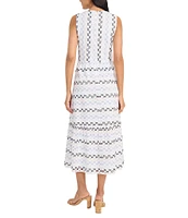 Maggy London V-Neck Sleeveless Tiered Ladder Stripe Eyelet A-Line Midi Dress