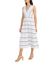 Maggy London V-Neck Sleeveless Tiered Ladder Stripe Eyelet A-Line Midi Dress