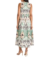 Maggy London Woven V-Neck Sleeveless Tropical Print Midi A-Line Dress