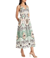 Maggy London Woven V-Neck Sleeveless Tropical Print Midi A-Line Dress