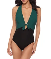 Magicsuit Halle Tie Front Halter Plunge One Piece Swimsuit