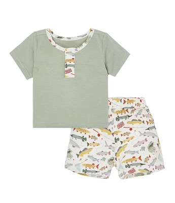 Magnetic Me Baby Boys 9-24 Months Reel Good Time Short Sleeve Henley & Printed Pull-on Shorts 2-Piece Set