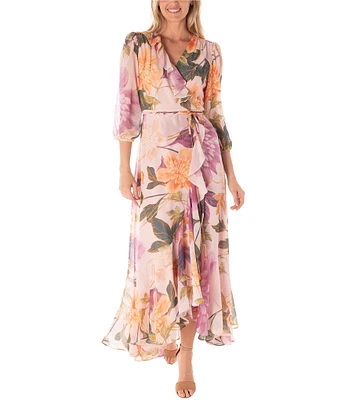 Maison Tara 3/4 Sleeve V-Neck Floral Chiffon Faux Wrap Maxi Dress