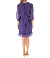 Maison Tara 3/4 Sleeve V-Neck Tie Waist Ruffle Chiffon Dress