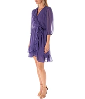 Maison Tara 3/4 Sleeve V-Neck Tie Waist Ruffle Chiffon Dress