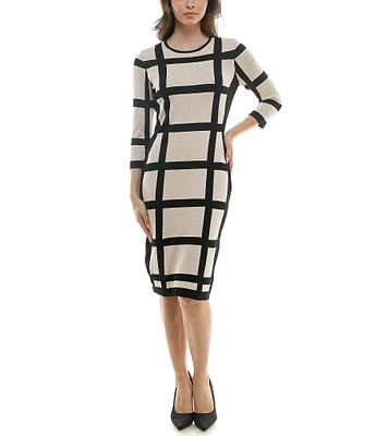 Maison Tara Crew Neck 3/4 Sleeve Sweater Stretch Knit Sheath Dress