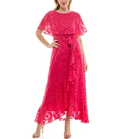 Moda Tara Foil Chiffon Short Capelet Sleeve Crew Neck Ruffle Skirt Maxi Dress