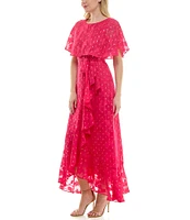 Moda Tara Foil Chiffon Short Capelet Sleeve Crew Neck Ruffle Skirt Maxi Dress