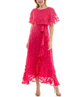 Moda Tara Foil Chiffon Short Capelet Sleeve Crew Neck Ruffle Skirt Maxi Dress