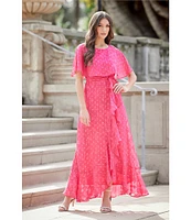 Moda Tara Foil Chiffon Short Capelet Sleeve Crew Neck Ruffle Skirt Maxi Dress