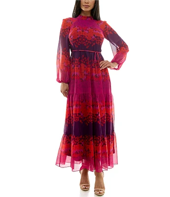 Maison Tara Long Sleeve Mock Neck Tie Waist Floral Maxi Dress