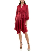 Maison Tara Long Sleeve Surplice V-Neck Tie Waist Faux Wrap Dress