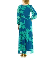 Maison Tara Long Sleeve V-Neck Front Twist 3/4 Sleeve Chiffon Empire Waist Maxi Dress