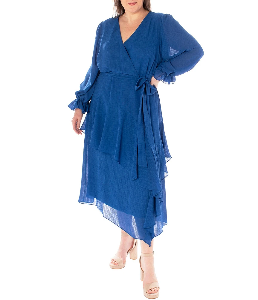 Maison Tara Plus Size Asymmetrical Tiered Ruffle Long Sleeve V-Neck Faux Wrap Midi Dress