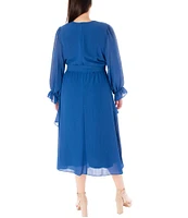 Maison Tara Plus Size Asymmetrical Tiered Ruffle Long Sleeve V-Neck Faux Wrap Midi Dress