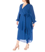 Maison Tara Plus Size Asymmetrical Tiered Ruffle Long Sleeve V-Neck Faux Wrap Midi Dress