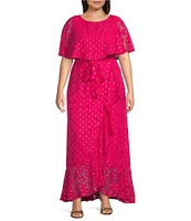 Moda Tara Plus Size Foil Chiffon Short Capelet Sleeve Crew Neck Ruffle Skirt Maxi Dress