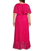 Moda Tara Plus Size Foil Chiffon Short Capelet Sleeve Crew Neck Ruffle Skirt Maxi Dress