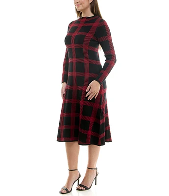 Maison Tara Plus Size Mock Neck Long Sleeve Plaid Sweater A Line Midi Dress