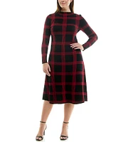 Maison Tara Plus Size Mock Neck Long Sleeve Plaid Sweater A Line Midi Dress