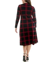 Maison Tara Plus Size Mock Neck Long Sleeve Plaid Sweater A Line Midi Dress