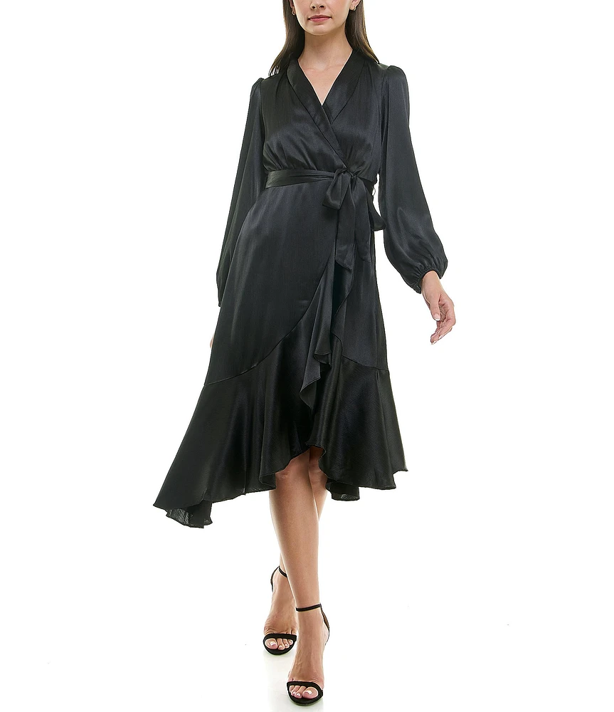 Moda Tara Satin V Neck Long Sleeve Tie Sash Asymmetrical Hemline Wrap Midi Dress