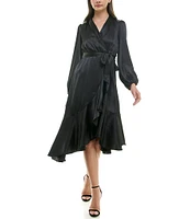 Moda Tara Satin V Neck Long Sleeve Tie Sash Asymmetrical Hemline Wrap Midi Dress