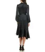 Moda Tara Satin V Neck Long Sleeve Tie Sash Asymmetrical Hemline Wrap Midi Dress