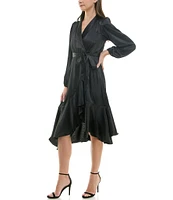 Moda Tara Satin V Neck Long Sleeve Tie Sash Asymmetrical Hemline Wrap Midi Dress