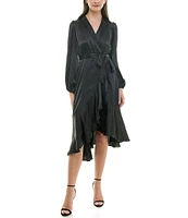 Moda Tara Satin V Neck Long Sleeve Tie Sash Asymmetrical Hemline Wrap Midi Dress