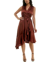 Maison Tara Satin V Neck Sleeveless Tie Sash Asymmetrical Hemline Wrap Dress