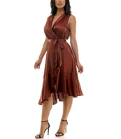 Maison Tara Satin V Neck Sleeveless Tie Sash Asymmetrical Hemline Wrap Dress