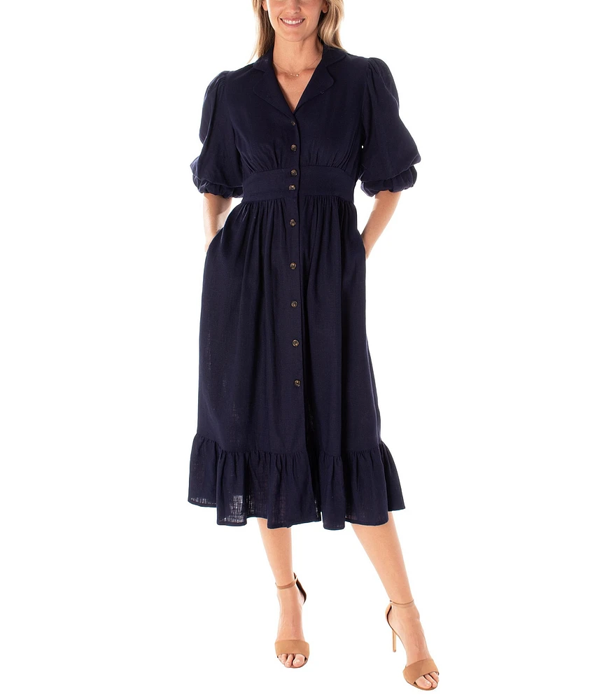 Maison Tara Short Puff Sleeve Notch Collar V-Neck Ruffle Hem Side Pocket Button Down Linen Blend Midi Dress