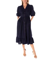 Maison Tara Short Puff Sleeve Notch Collar V-Neck Ruffle Hem Side Pocket Button Down Linen Blend Midi Dress