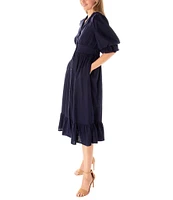 Maison Tara Short Puff Sleeve Notch Collar V-Neck Ruffle Hem Side Pocket Button Down Linen Blend Midi Dress