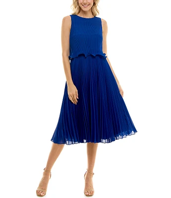 Maison Tara Sleeveless Crew Neck Pleated Midi Dress