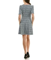 Maison Tara Square Neck Short Sleeve Stretch Boucle Fit and Flare Dress