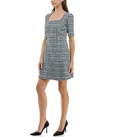 Maison Tara Square Neck Short Sleeve Stretch Boucle Fit and Flare Dress