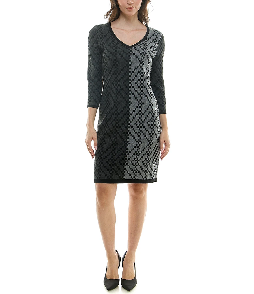 Maison Tara V-Neck 3/4 Sleeve Stretch Knit Sweater Sheath Dress