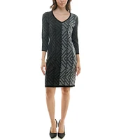 Maison Tara V-Neck 3/4 Sleeve Stretch Knit Sweater Sheath Dress