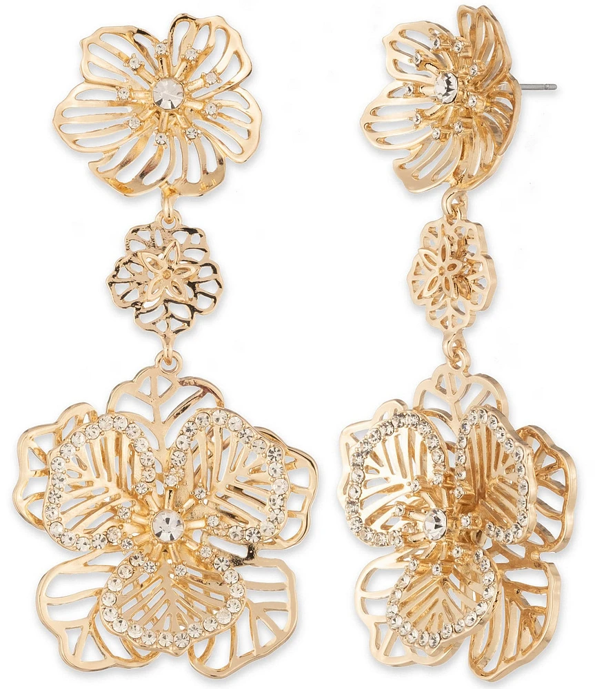Marchesa Gold Tone Crystal Large Flower Triple Linear Earrings