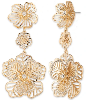 Marchesa Gold Tone Crystal Large Flower Triple Linear Earrings