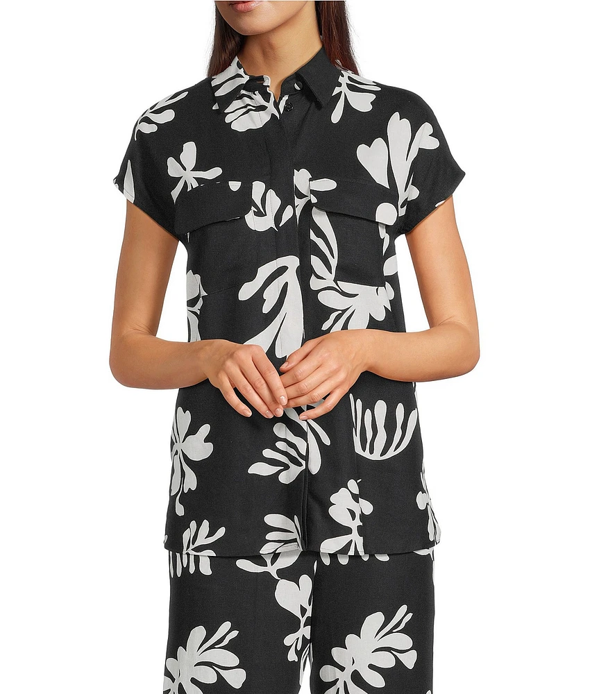Marella Addotto Coordinating Linen Blend Shirt Collar Short Sleeve Button Front Blouse